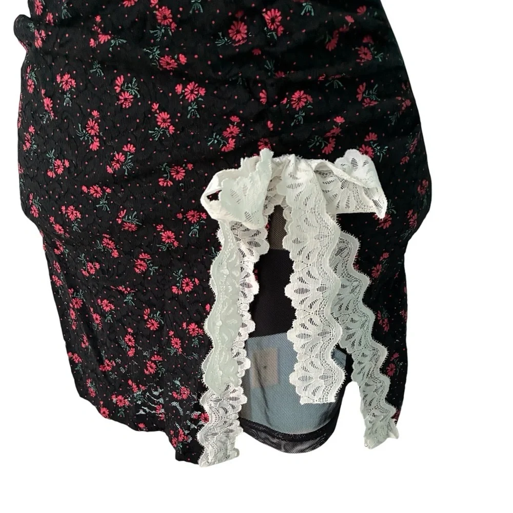 Floral Lace Trim Black Slip Dress